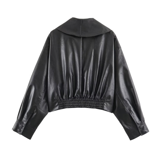 Damen Kurzer Cropped Kunstleder‑Blouson mit übergroßem Schalkragen und seitlicher Schnallen‑Taillierung Nord Taschen