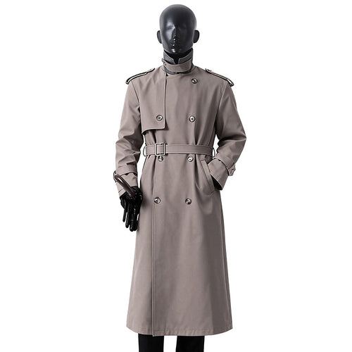 Herren Zeitloser Maxilanger Trenchcoat im Military-Stil mit Sturmklappe und Taillengürtel Nord Taschen