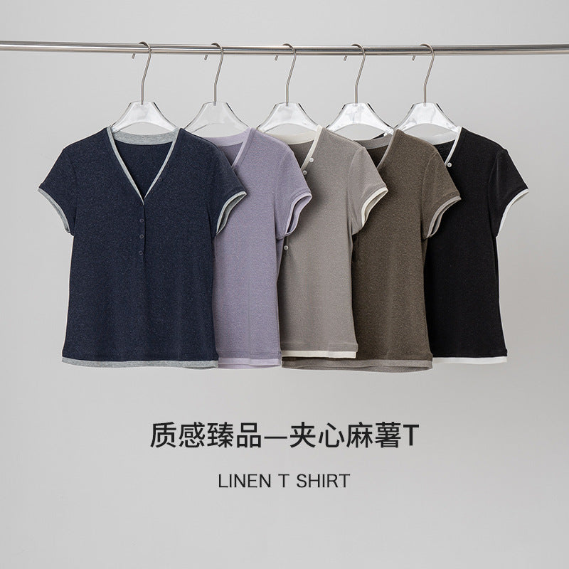 Damen Kurzärmeliges V-Ausschnitt-Henley-Shirt aus Stretch-Jersey mit feiner Knopfleiste Nord Taschen
