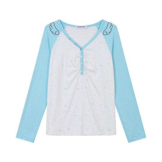 Damen Langarm-Henleyshirt mit Raglanärmeln, Raffung und Sternenprint Nord Taschen