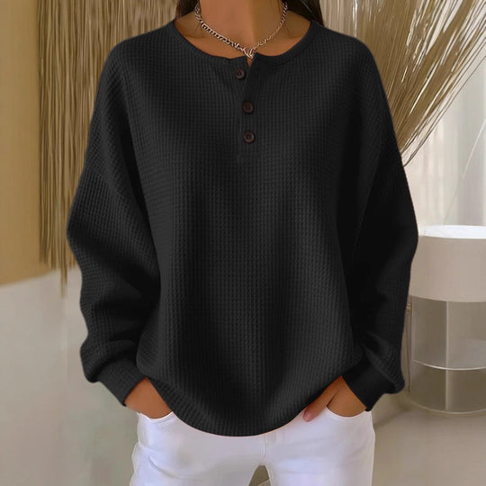 Damen Oversize Waffelstrick-Henleyshirt mit Knopfleiste und Rundhalsausschnitt Nord Taschen