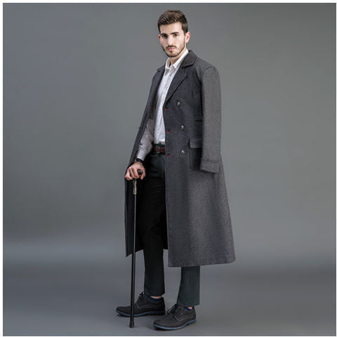Herren Doppelreihiger Wollmantel mit Schalkragen und langer Silhouette Nord Taschen