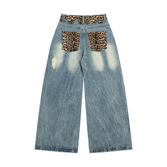 Damen weite Palazzo-Jeans mit destroyed-Details, Leopard-Bund und Gothic-Stickerei Nord Taschen