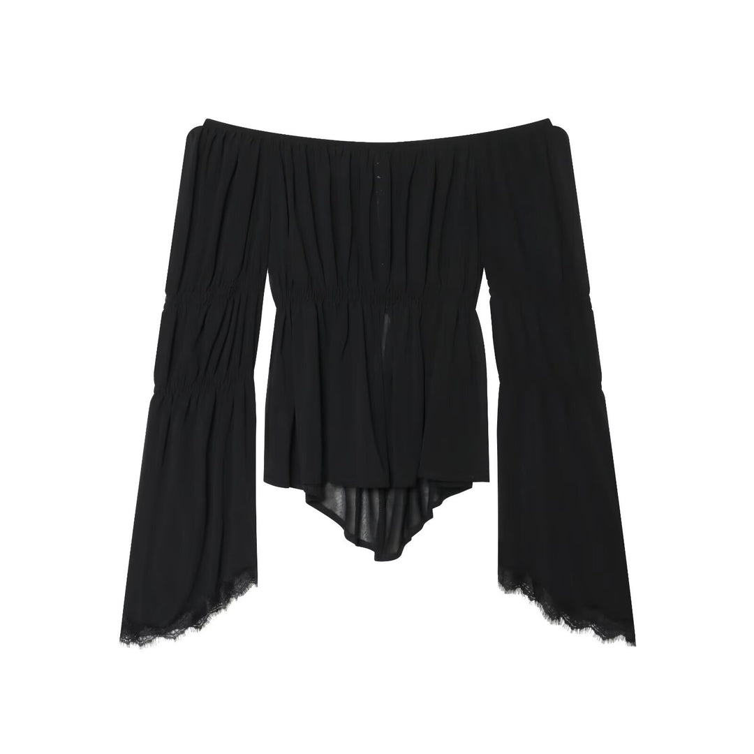 Damen Schulterfreies Chiffon-Top mit Carmen-Ausschnitt, geraffter Taille und voluminösen Volantärmeln Nord Taschen