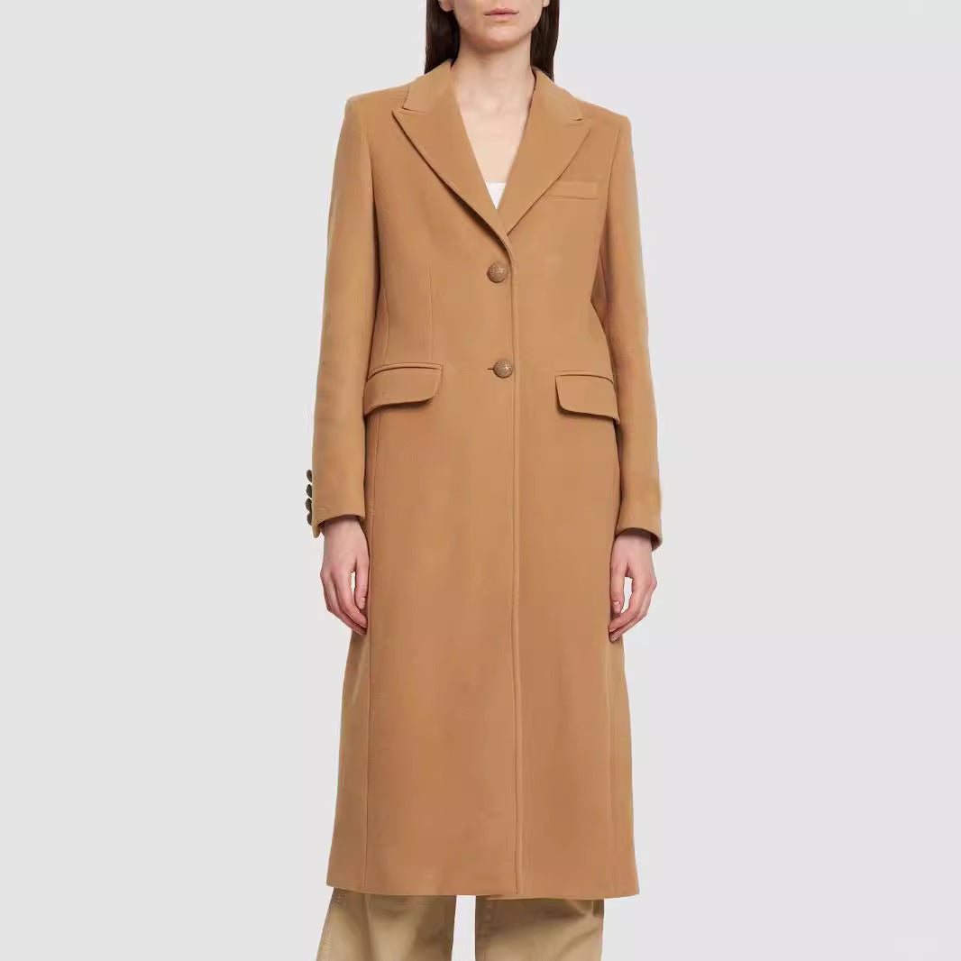 Damen Midilanger Einreihiger Tailoring‑Mantel mit schmalem Revers und Pattentaschen Nord Taschen