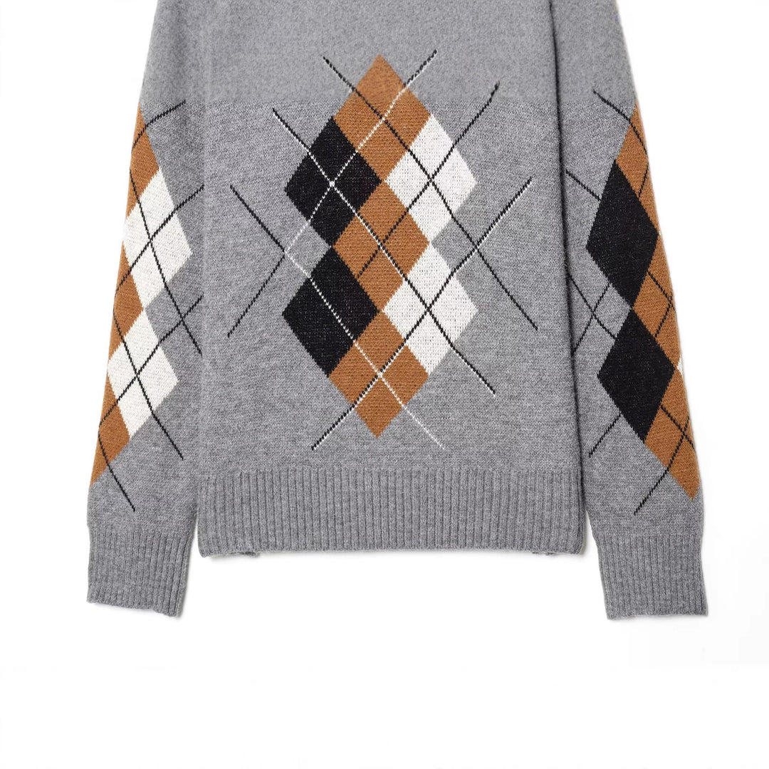 Damen Oversized Pullover mit Rautenmuster und Polokragen mit Knopfleiste Nord Taschen