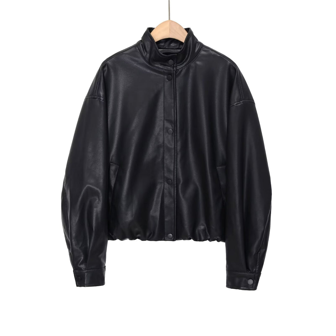 Damen Kurz geschnittener Oversize‑Bomber im Bikerstil aus veganer Lederoptik mit Stehkragen Nord Taschen