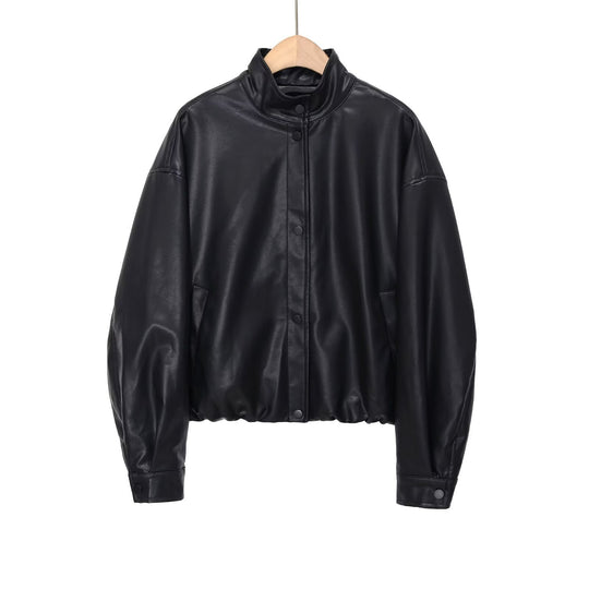 Damen Kurz geschnittener Oversize‑Bomber im Bikerstil aus veganer Lederoptik mit Stehkragen Nord Taschen