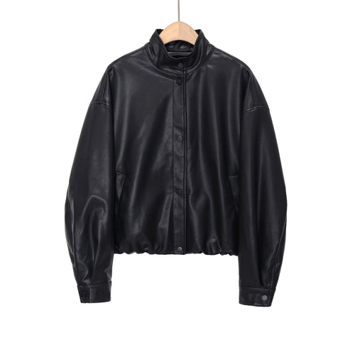Damen Kurz geschnittener Oversize‑Bomber im Bikerstil aus veganer Lederoptik mit Stehkragen Nord Taschen