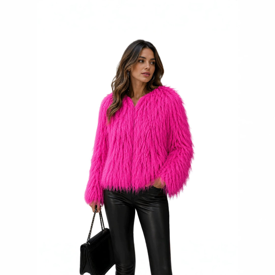 Damen Kurz geschnittene Shaggy‑Kunstpelzjacke mit rundem Ausschnitt, extraweichem Langhaar und legerer Passform Nord Taschen
