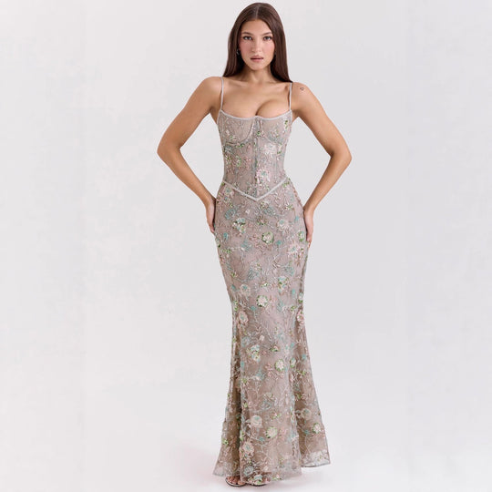 Damen nan elegantes besticktes Abendkleid mit Korsettoberteil und transparentem Spitzenüberzug - Vittorelli