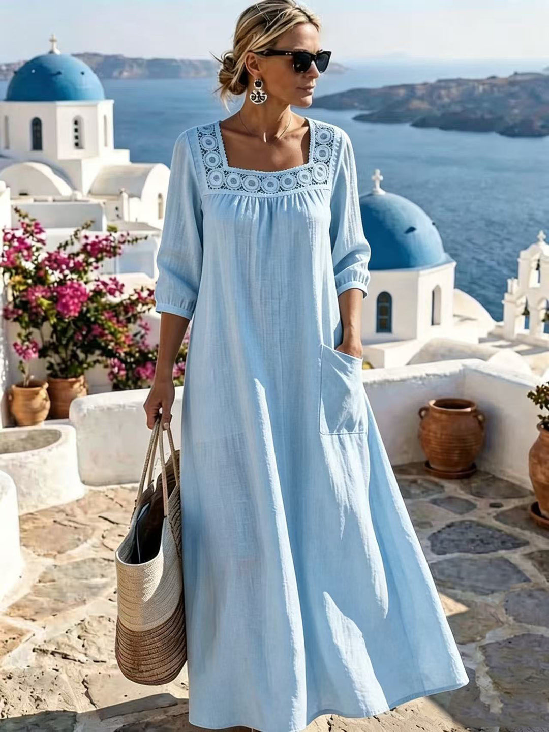 Damen Maxikleid mit gehäkeltem Quadrat-Ausschnitt, dreiviertel Ärmeln und Eingrifftasche Nord Taschen