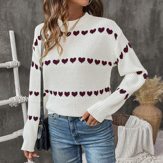 Damen Strickpullover mit Herz-Jacquard, Rundhalsausschnitt und lässiger Oversize-Passform Nord Taschen