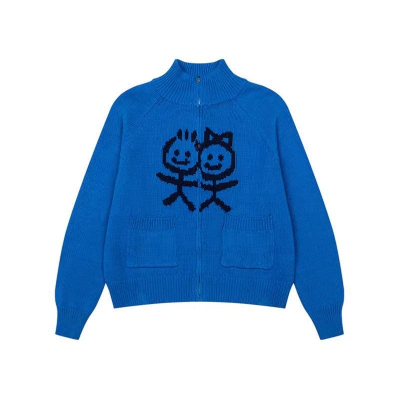 Damen Grobstrick-Zipcardigan mit Stehkragen, aufgesetzten Taschen und Cartoon-Intarsie Nord Taschen