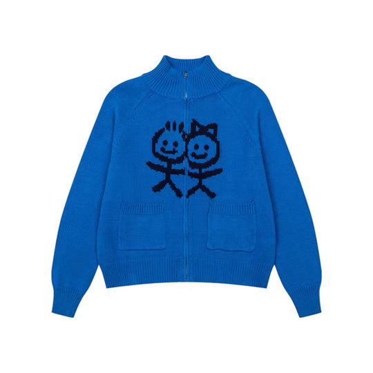 Damen Grobstrick-Zipcardigan mit Stehkragen, aufgesetzten Taschen und Cartoon-Intarsie Nord Taschen