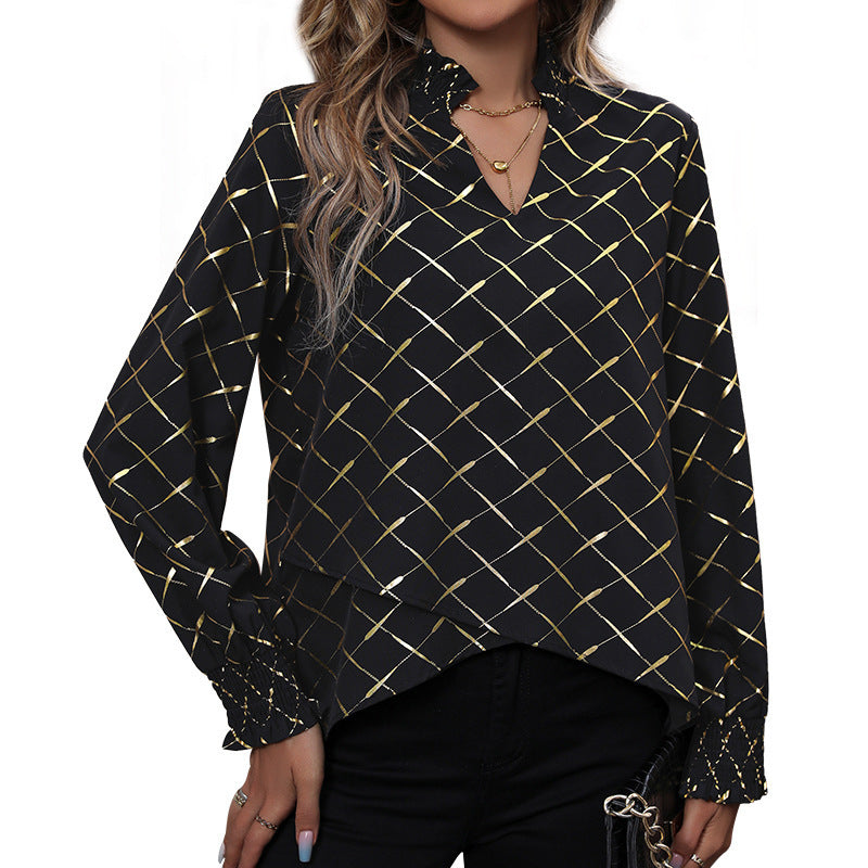 Damen Elegante Bluse mit geometrischem Muster und Rüschen Nord Taschen