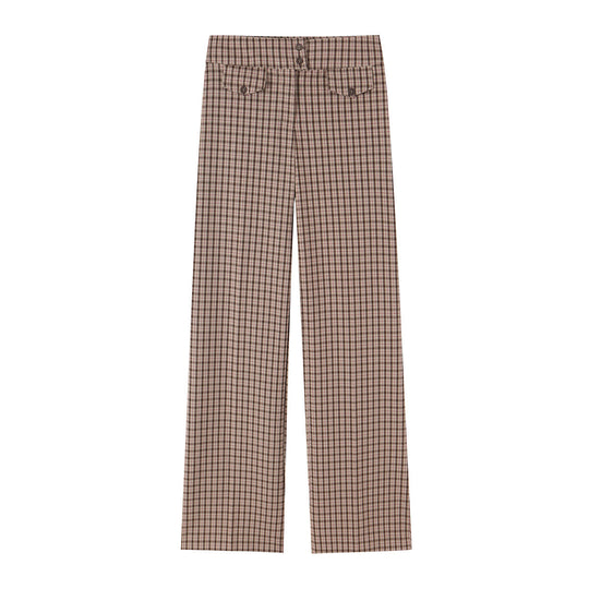 Damen Hochtaillierte weite Stoffhose mit Karo-Muster und Zierklappen Nord Taschen