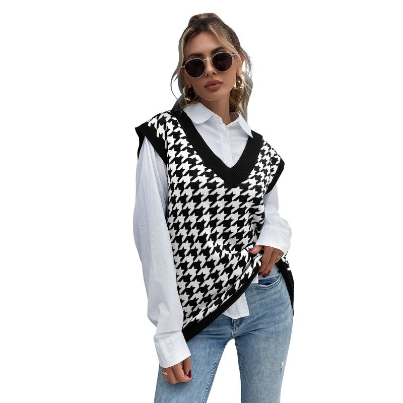 Damen Oversize Strickweste mit Hahnentrittmuster und V-Ausschnitt Nord Taschen