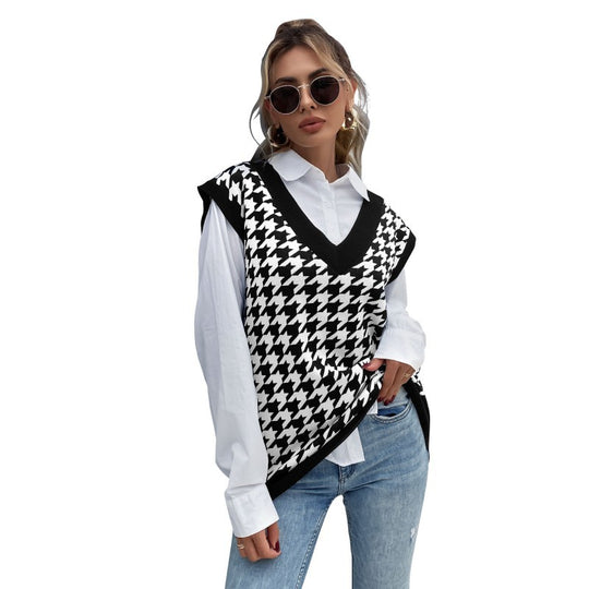 Damen Oversize Strickweste mit Hahnentrittmuster und V-Ausschnitt Nord Taschen