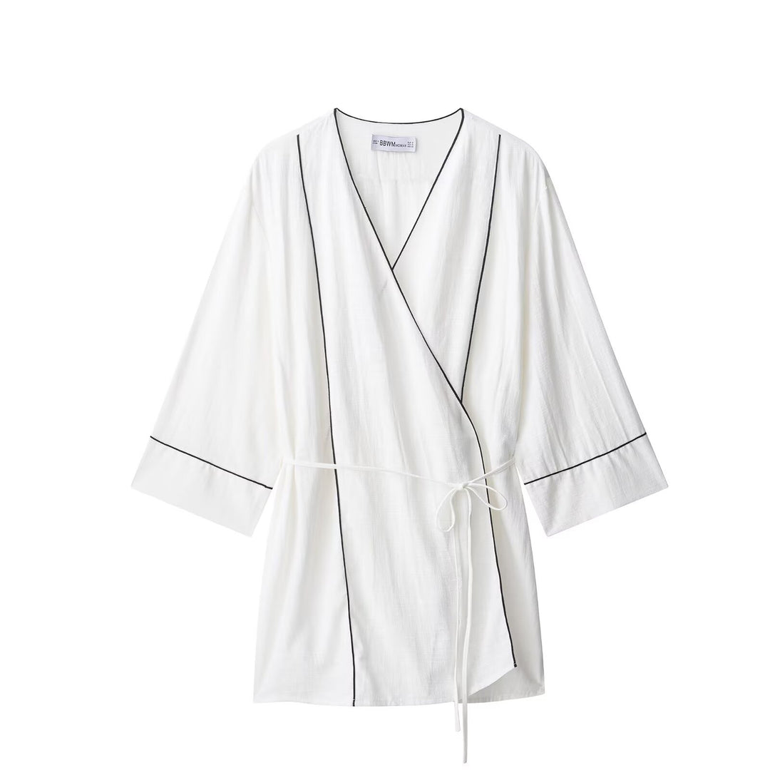 Damen Kimono-Cardigan mit Bindegürtel und Kontrastpaspel Nord Taschen