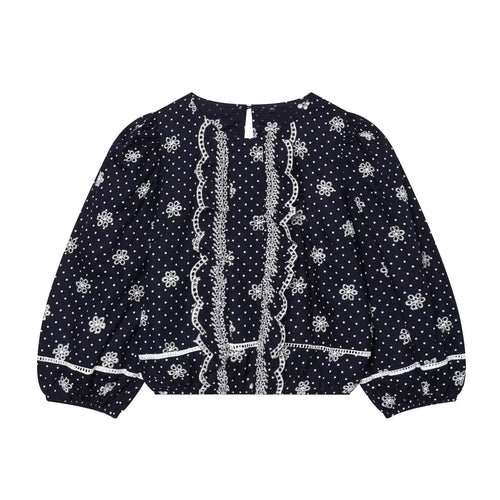 Damen Bestickte Polka-Dot Bluse mit Rüschen und Ballonärmeln Nord Taschen