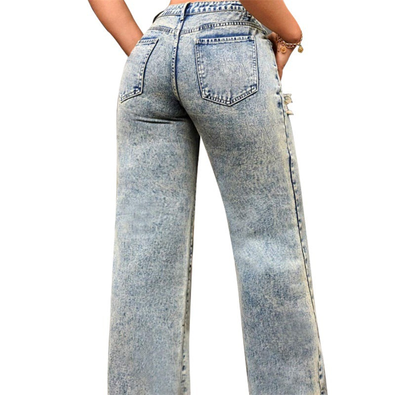 Damen High-Waist Relaxed-Jeans mit Steinwasch-Effekt und seitlichem aufgerissenem Einsatz Nord Taschen