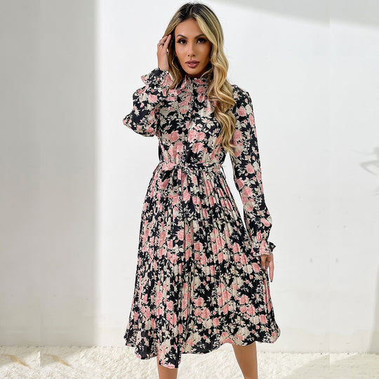 Damen Midikleid mit Blumenprint, Plissée‑Rock, Stehkragen und Bindegürtel Nord Taschen