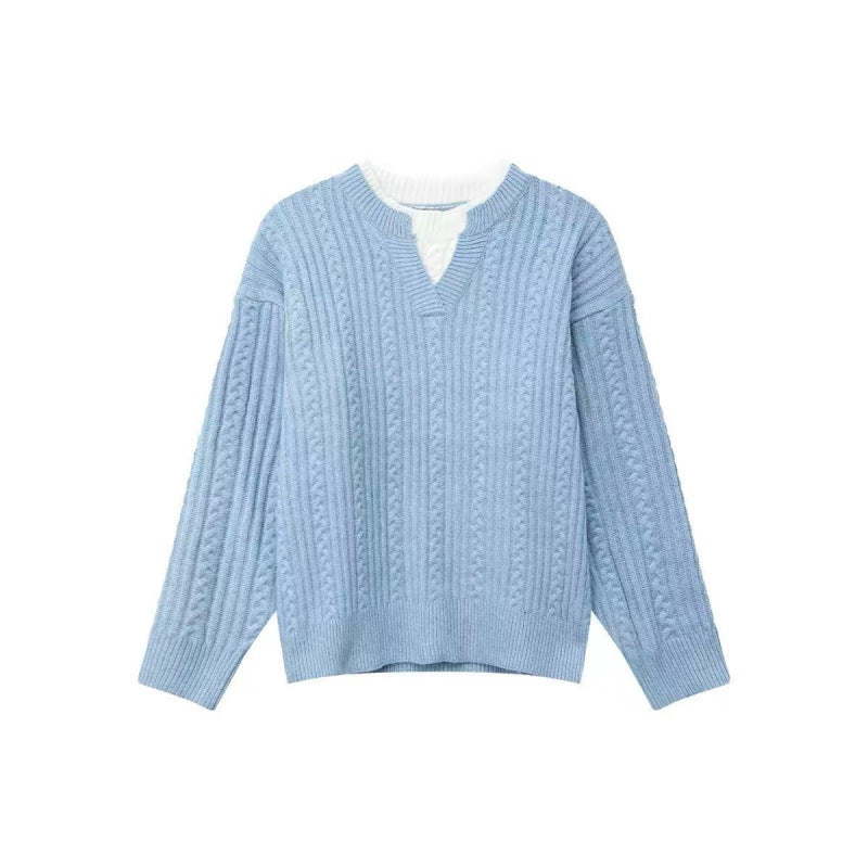 Damen Grobgestrickter Zopfmuster-Pullover mit V‑Ausschnitt und Lagen‑Optik Nord Taschen