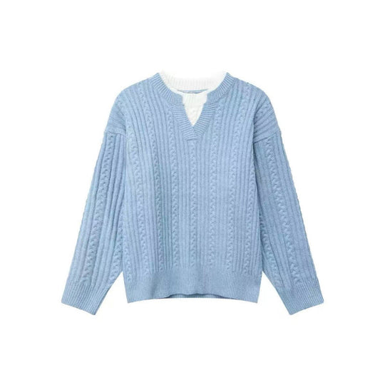 Damen Grobgestrickter Zopfmuster-Pullover mit V‑Ausschnitt und Lagen‑Optik Nord Taschen