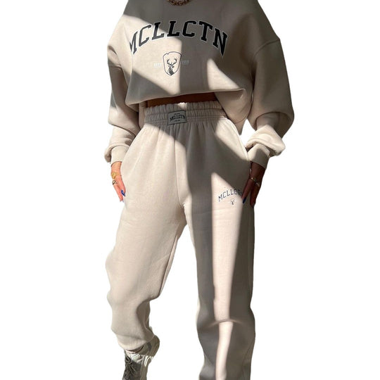 Damen Oversized College-Sweatshirt und High-Waist-Jogger-Set aus French-Terry Nord Taschen