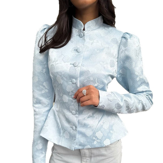 Damen Taillierter Jacquard-Blazer mit Stehkragen, Puffärmeln und Schößchen Nord Taschen