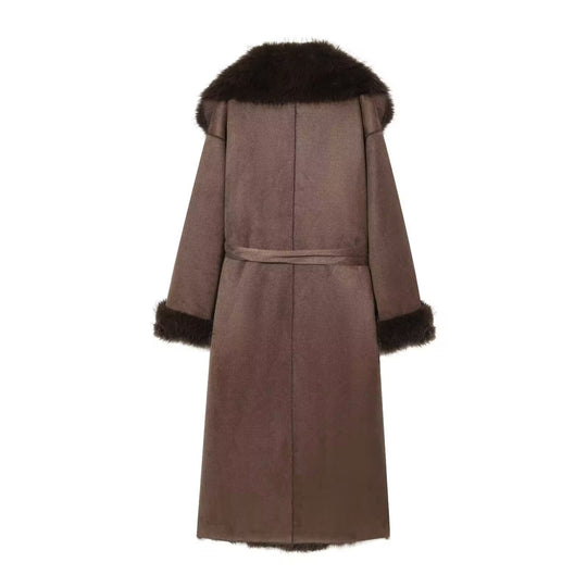 Damen Langer Lammfellimitat-Mantel mit Kapuze, Bindegürtel und Faux‑Fur‑Besatz Nord Taschen