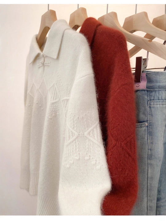 Damen Polokragen-Pullover im Mohair‑Look mit Ajour‑Zopfmuster, überschnittener Schulter und weiter Silhouette Nord Taschen