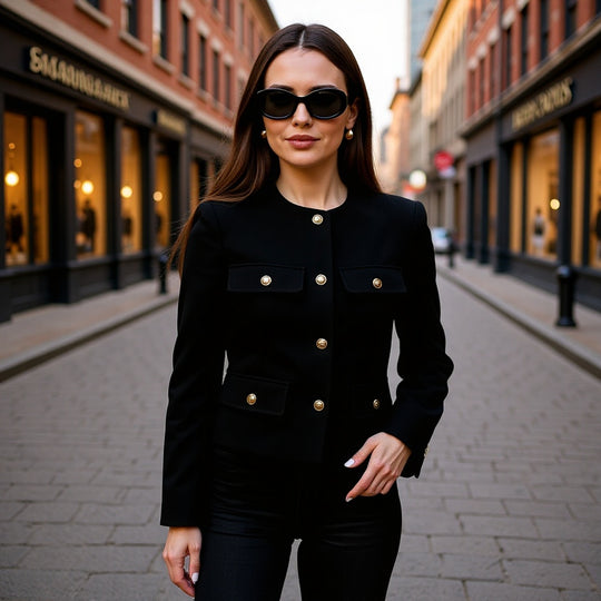 Damen Kurze Bouclé-Blazerjacke mit Rundhalsausschnitt, Zierleistentaschen und goldfarbenen Knöpfen Nord Taschen
