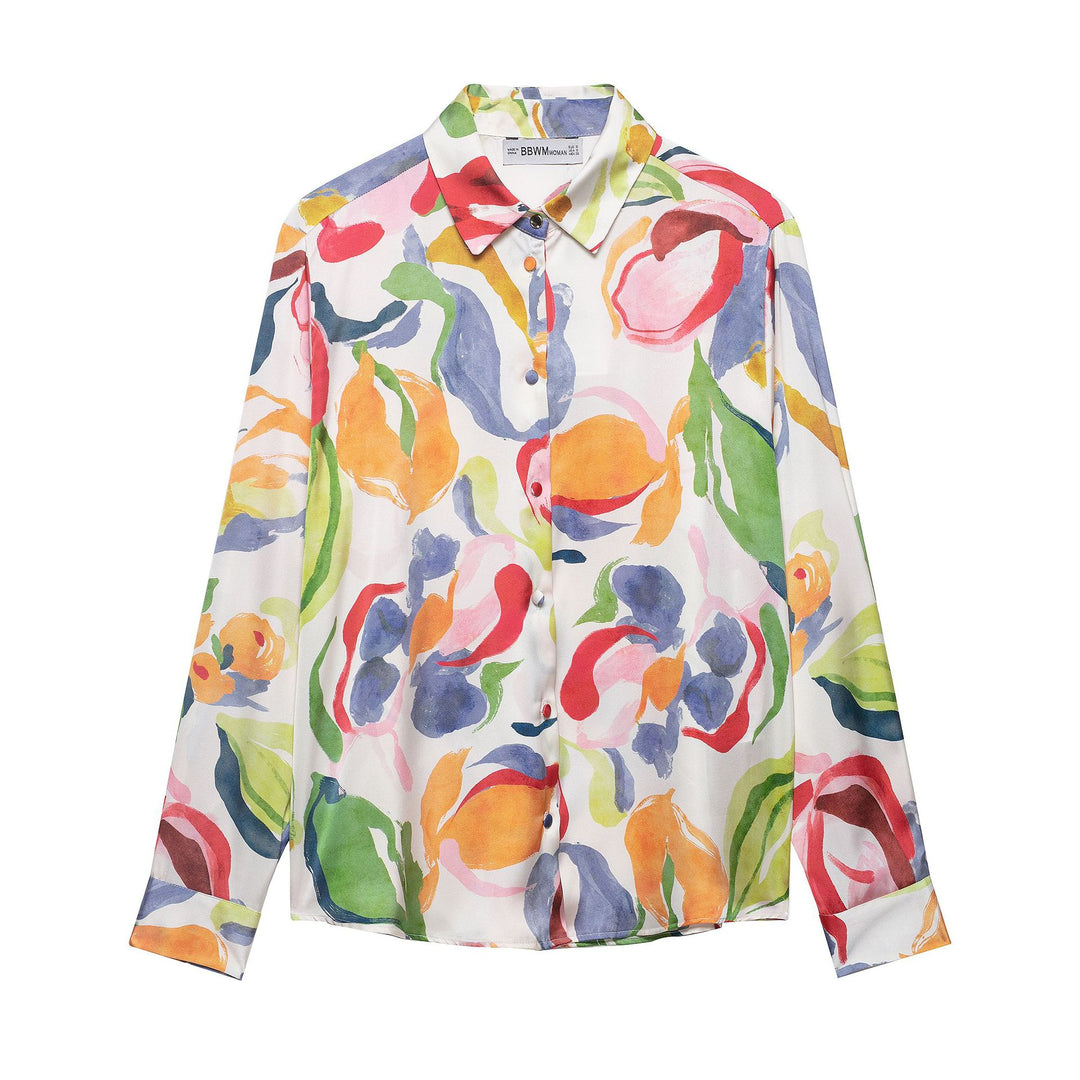 Damen Seidenimitat-Bluse mit Aquarell-Print und Hemdkragen Nord Taschen