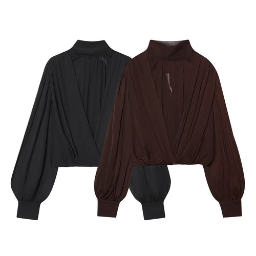 Damen Kurzgeschnittene Wickelbluse mit Stehkragen und voluminösen Ballonärmeln Nord Taschen
