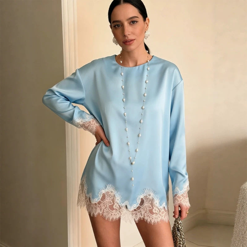 Damen Seidiges Langarmshirt mit Spitzenbesatz am Saum und Manschetten Nord Taschen
