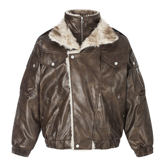Damen Oversize Kunstleder-Fliegerjacke mit Teddyfutter und Stehkragen Nord Taschen