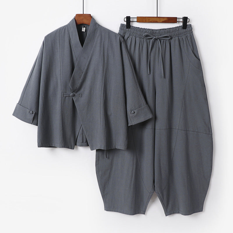 Herren Minimalistisches Kimono-Lounge-Set aus atmungsaktivem Baumwollmix mit ballonförmiger Bundhose Nord Taschen