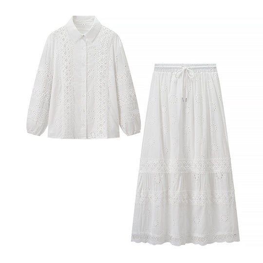Damen Zweiteiliges Broderie-Anglaise-Set mit Hemdbluse und gestuftem Midirock Nord Taschen
