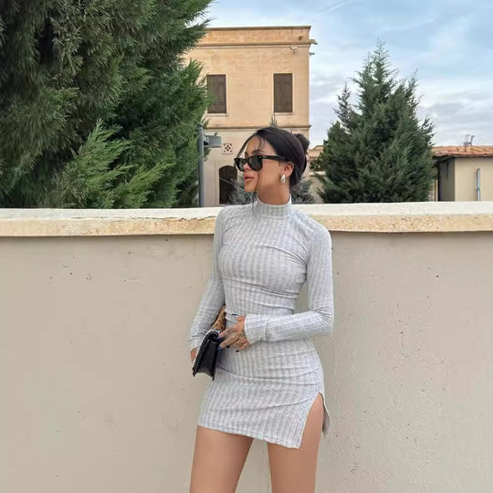 Damen Enganliegendes Rippstrick-Minikleid mit Rollkragen und langen Ärmeln Nord Taschen
