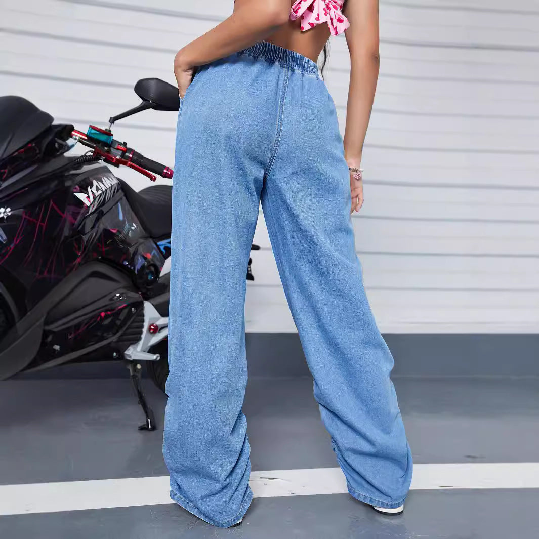 Damen Weite Denim-Hose mit elastischem Bund und gerafften Säumen Nord Taschen