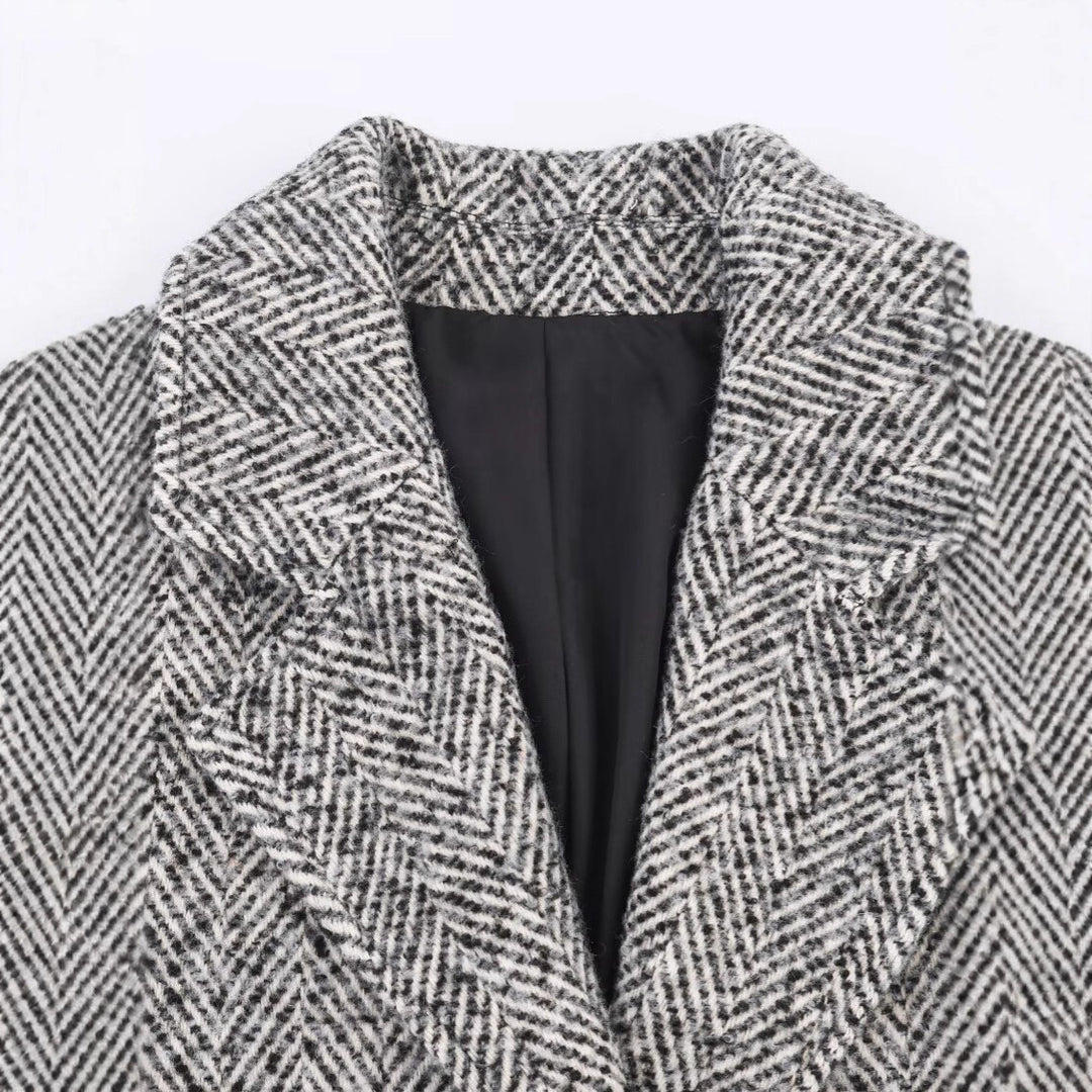 Damen Oversized Mantel mit Fischgrätmuster und tiefem Reverskragen Nord Taschen