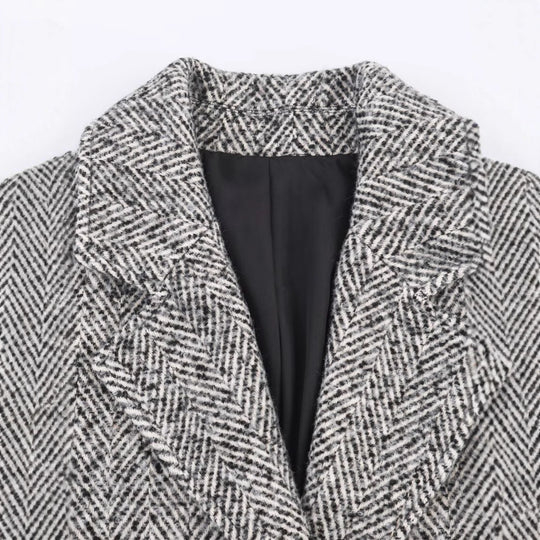 Damen Oversized Mantel mit Fischgrätmuster und tiefem Reverskragen Nord Taschen