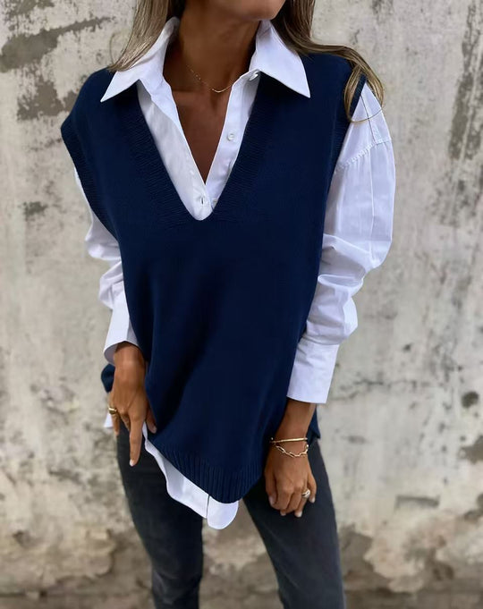 Damen lässiger Strickpullover mit V-Ausschnitt