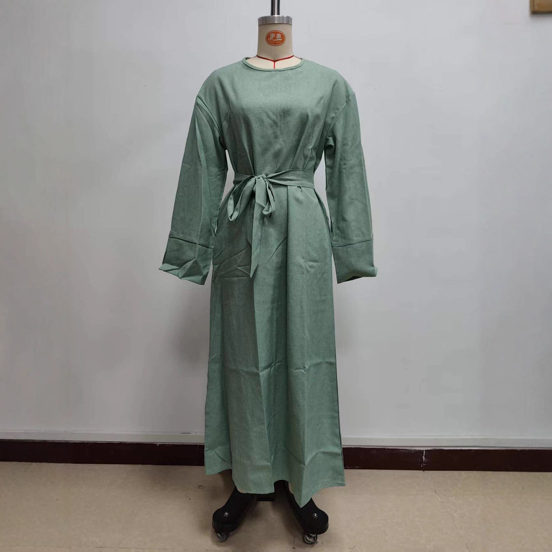 Damen Maxikleid aus Leinen-Mix mit Taillengürtel und weiten Manschellen Nord Taschen