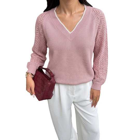 Damen V-Ausschnitt Strickpullover mit Jacquard-Muster Nord Taschen