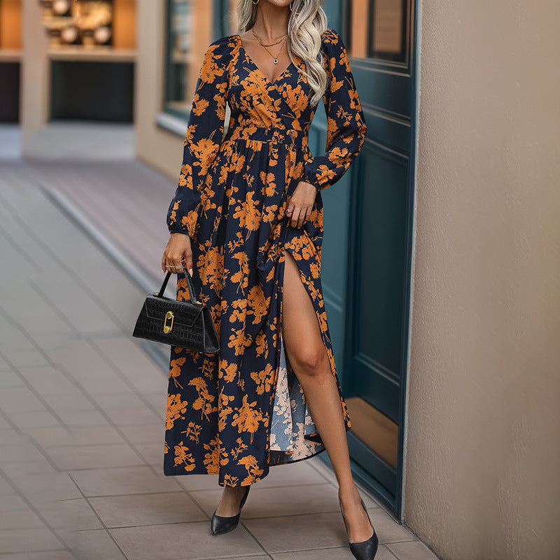 Damen Floral Maxikleid mit V-Ausschnitt und Rüschendetails Nord Taschen