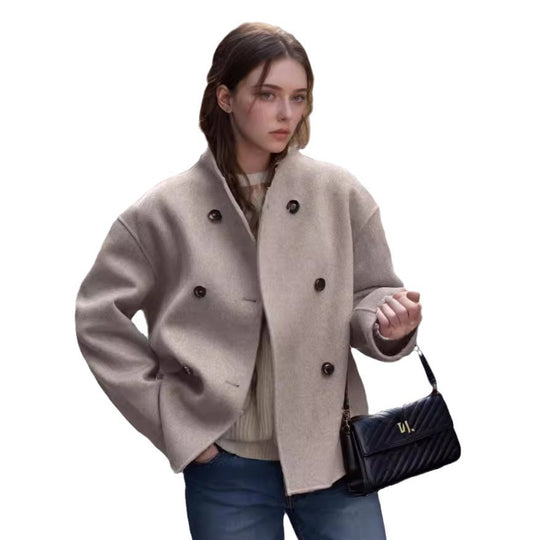 Damen Cropped Bouclé-Boxyjacke im Doppelreiher mit überschnittener Schulter Nord Taschen