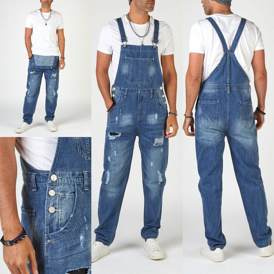 Herren Jeans-Latzhose aus gewaschenem Denim mit Rissdetails